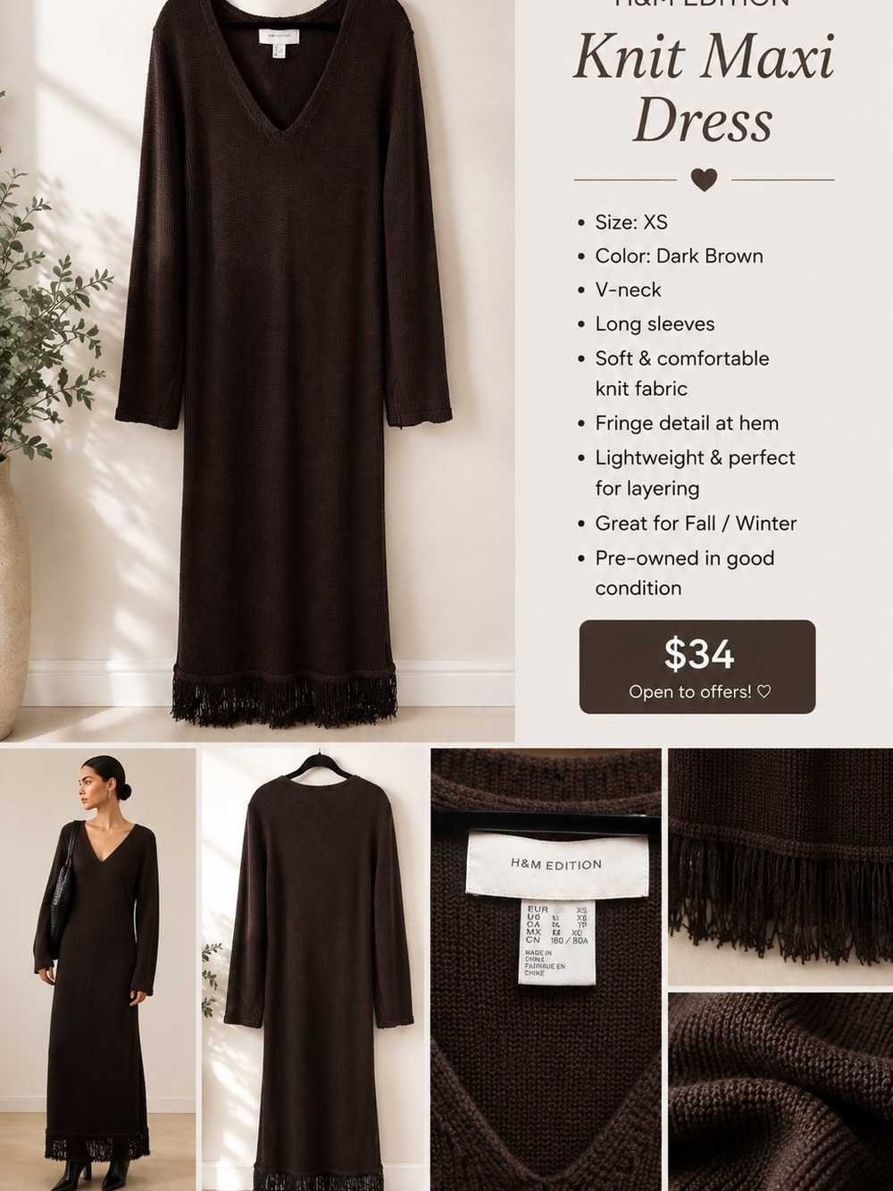 H&M Dark Brown V-Neck Knit Maxi Dress with Fringe Hem